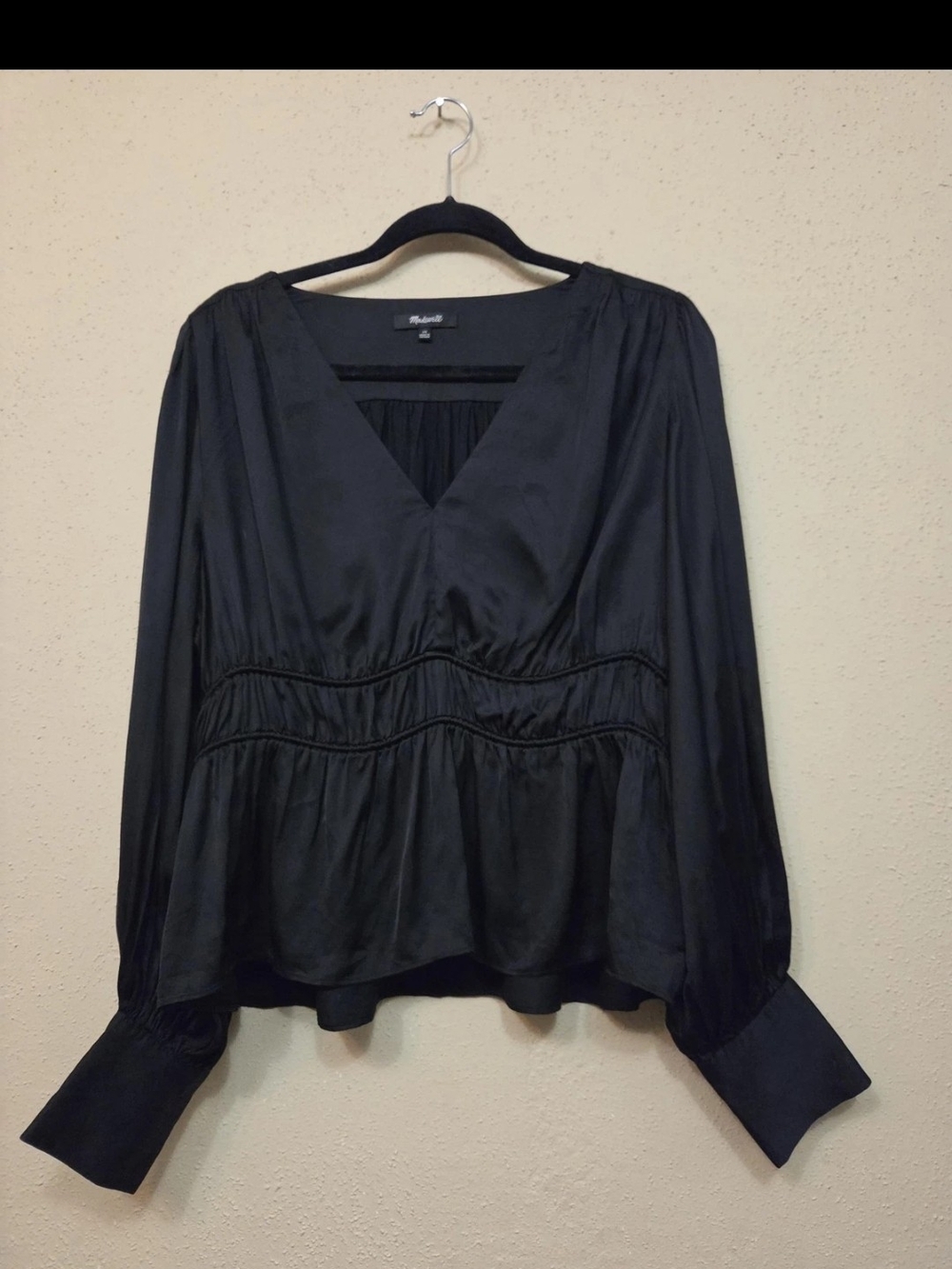 Madewell Blouse Womens 14 Black Satin V-Neck Long Sleeve Top